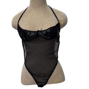 Lovers Lane Women's M Black Fishnet Vinyl Bra Cup W Ring Thong Bodysuit Festival